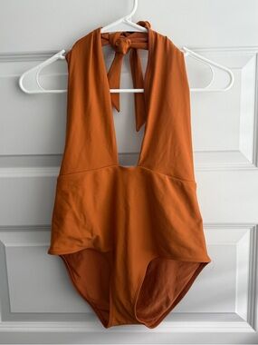 Aerie One Piece Swimsuit Size Medium Burnt Orange Halter Tie Deep V Backless